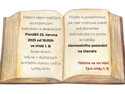 Pozvánka na akci třídy - Pasování na čtenáře